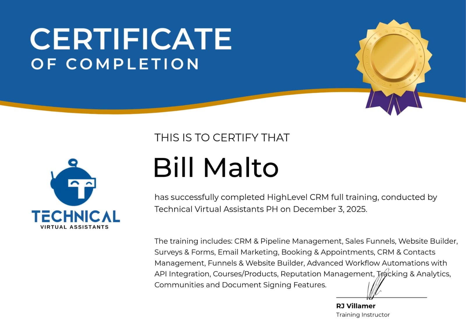 HighLevel CRM certificate issued by Technical Virtual Assistants PH