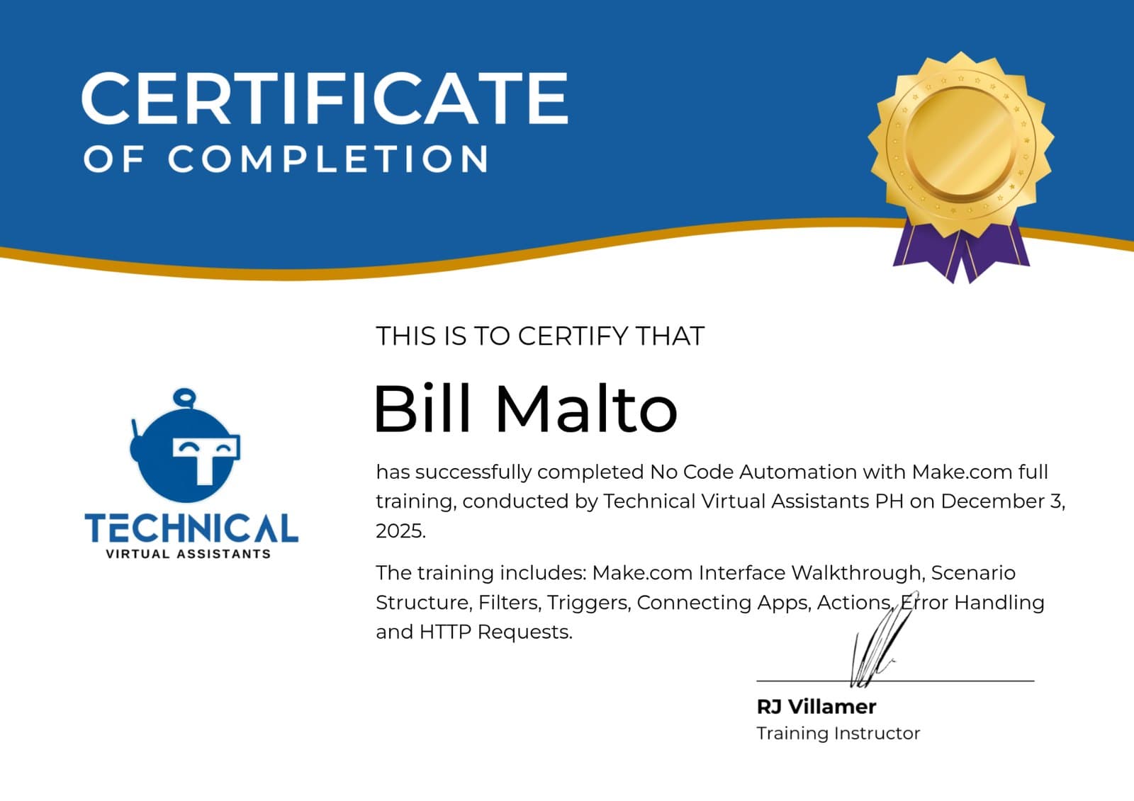 No-Code Automation with Make.com certificate issued by Technical Virtual Assistants PH