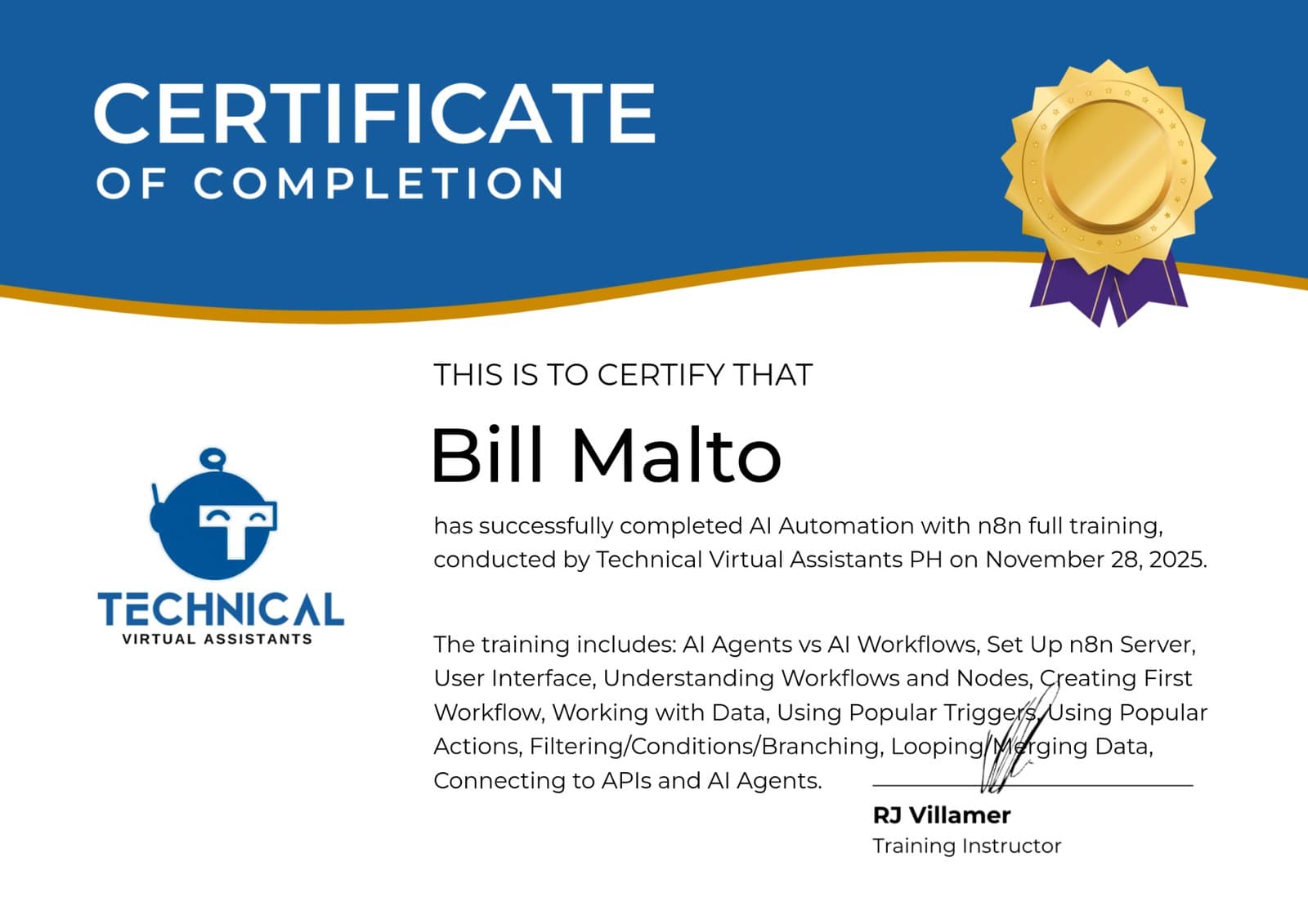 AI Automation with n8n certificate issued by Technical Virtual Assistants PH
