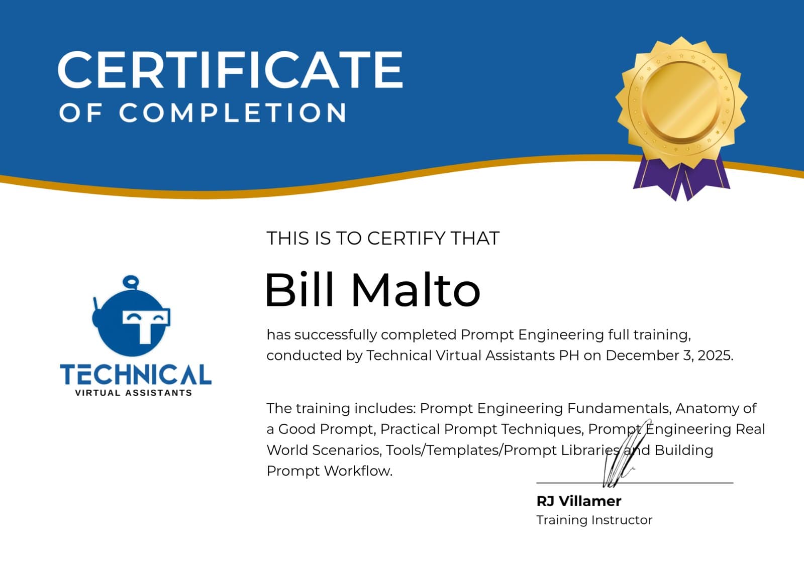 Prompt Engineering certificate issued by Technical Virtual Assistants PH