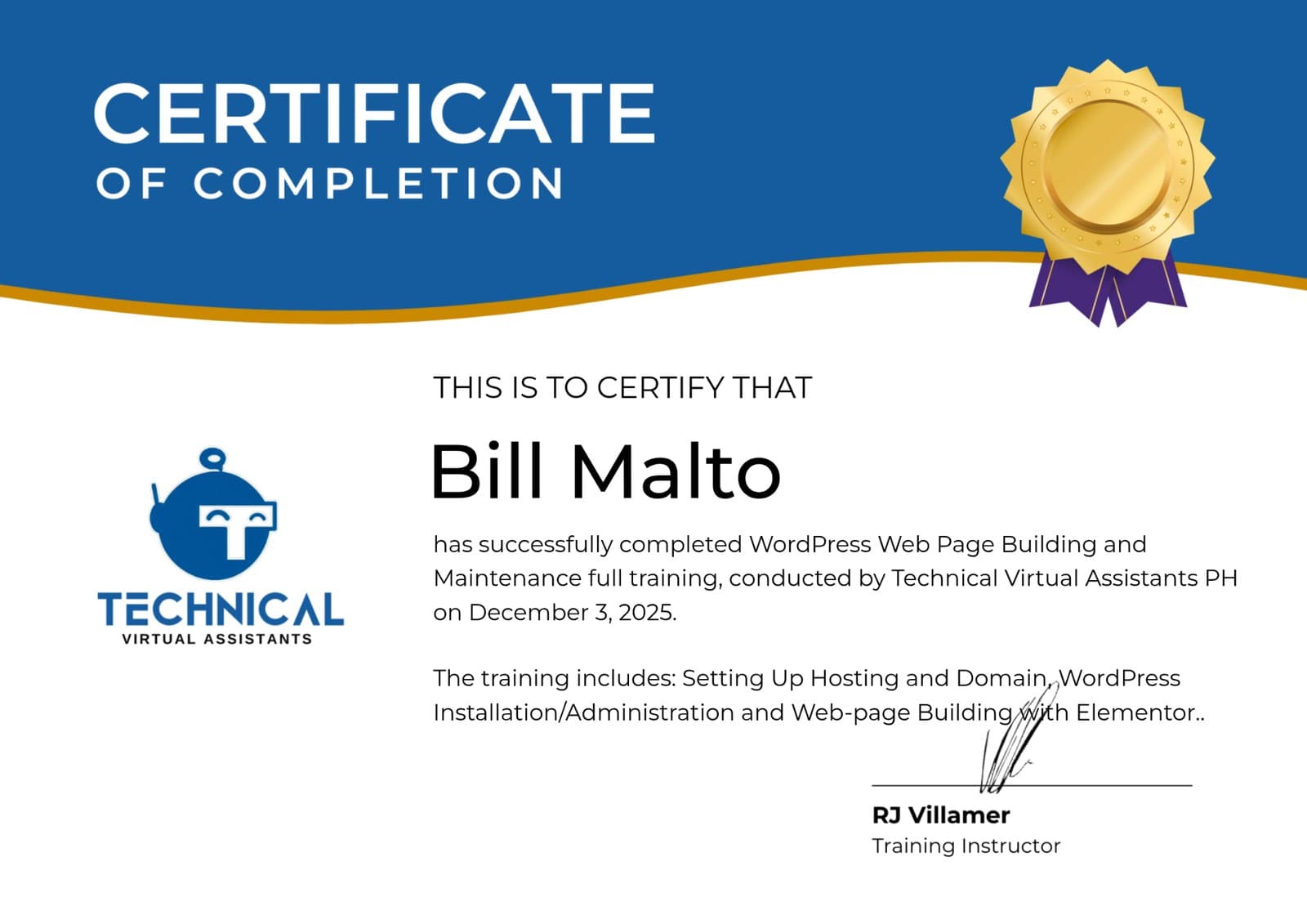 WordPress Web Page Building & Maintenance certificate issued by Technical Virtual Assistants PH