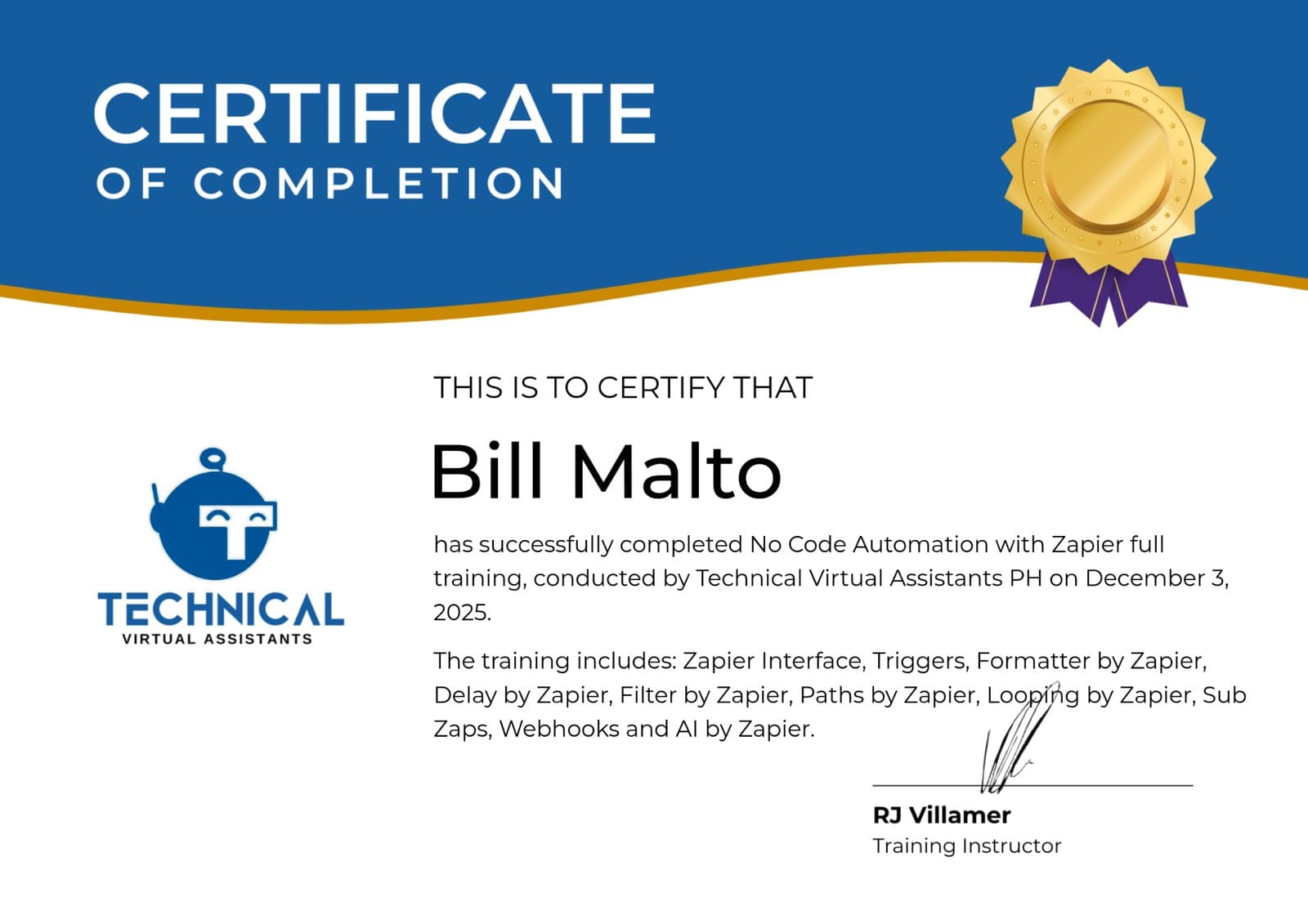 No-Code Automation with Zapier certificate issued by Technical Virtual Assistants PH